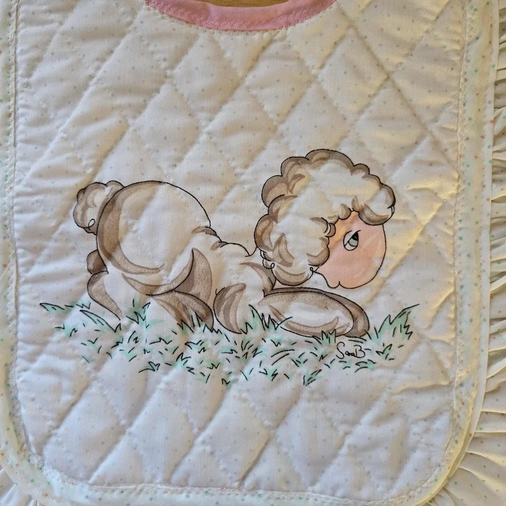 Baby Bib Lamb Quilted Cotton, Ruffled Edge, Precious Moments Fabric Vintage NWOT